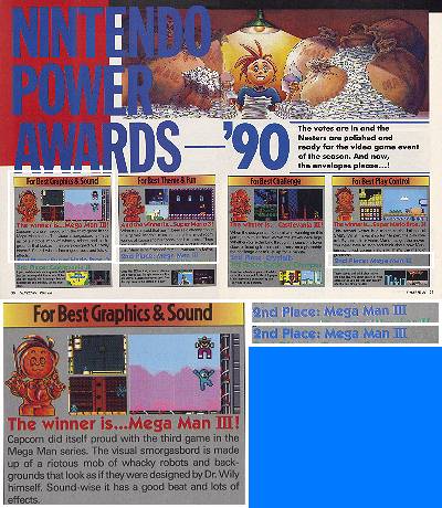 Nintendo Power Awards (30-31): 1st For Best Graphics & Sound, 2nd For Best Theme & Fun, 2nd For Best Play Control